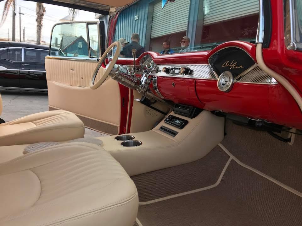 55 Chevy Custom tan leather dash-side panel and console in a red 1955 Chevrolet Bel Air by Central Valley Upholstery