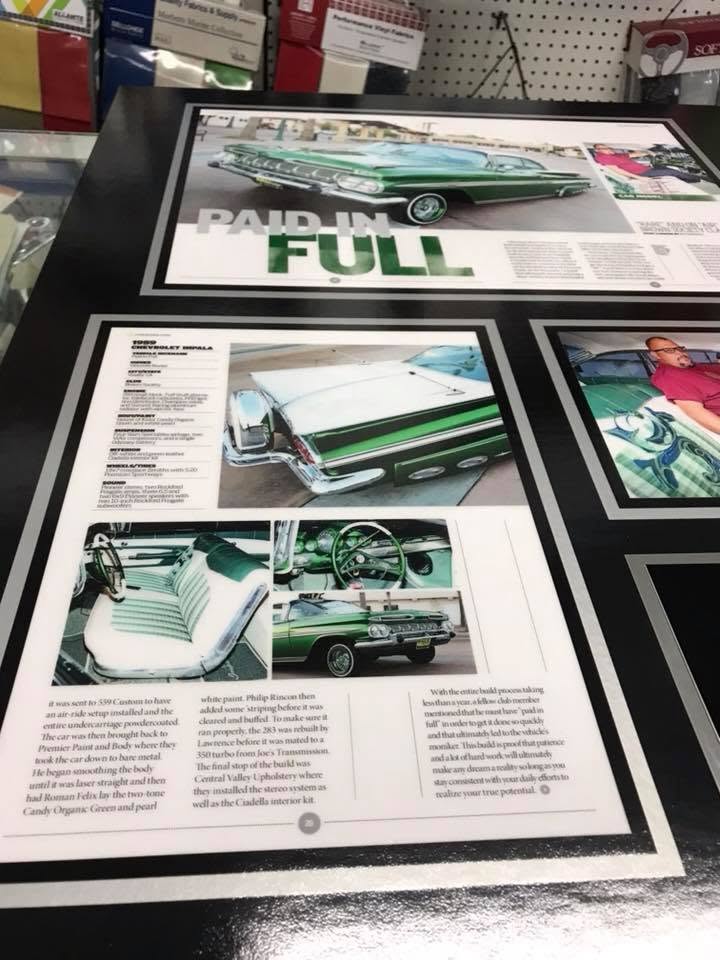 Lowrider Magazine spread detailing the green and white custom interior and stereo installation of a 1959 Chevrolet Impala by Central Valley Upholstery