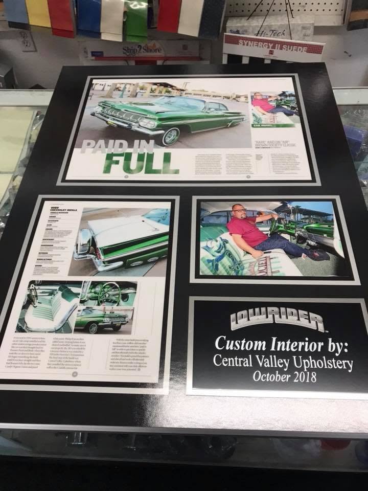 Lowrider Magazine feature article "Paid in Full" showcasing a custom green Chevrolet Impala interior by Central Valley Upholstery, October 2018