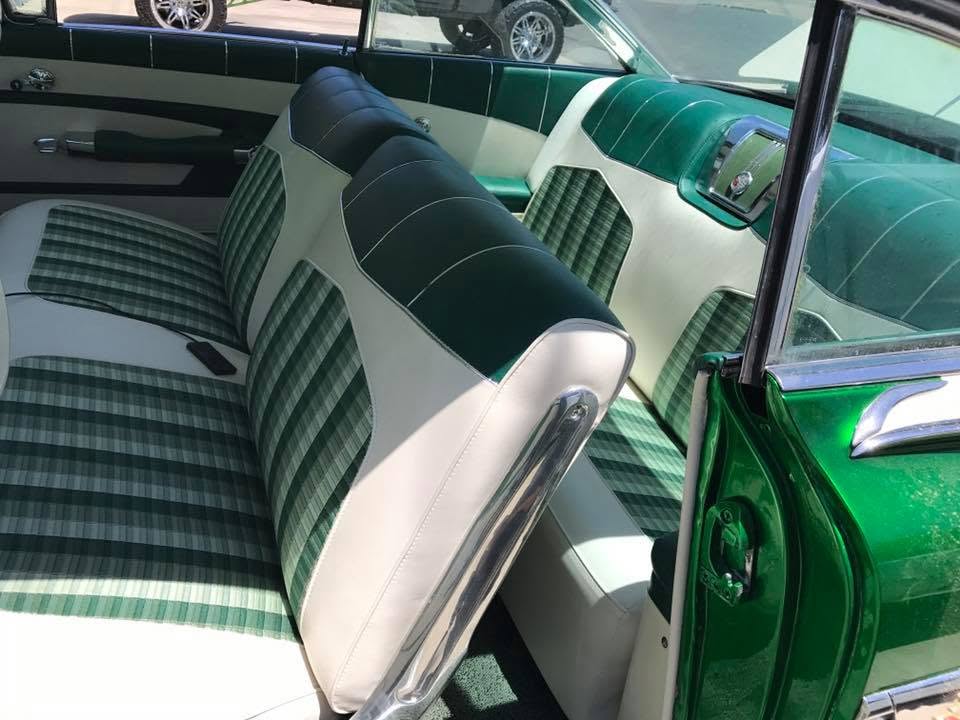 red white Custom green and white plaid bench seat with pearl vinyl accents in a 1969 Chevrolet by Central Valley Upholstery