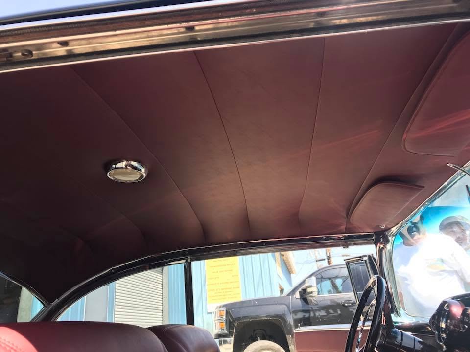 top red Custom burgundy vinyl headliner installed in a classic Chevy by Central Valley Upholstery