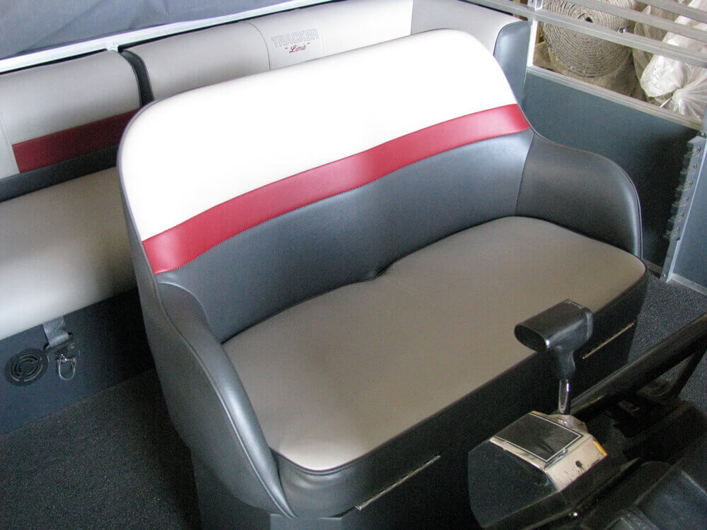 boat upholstery (11) Custom gray and red vinyl boat loveseat with white accent stripe by Central Valley Upholstery