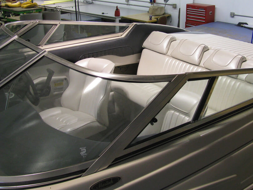 boat upholstery (12) Custom white vinyl boat seating and bench installed in a Mariah boat by Central Valley Upholstery