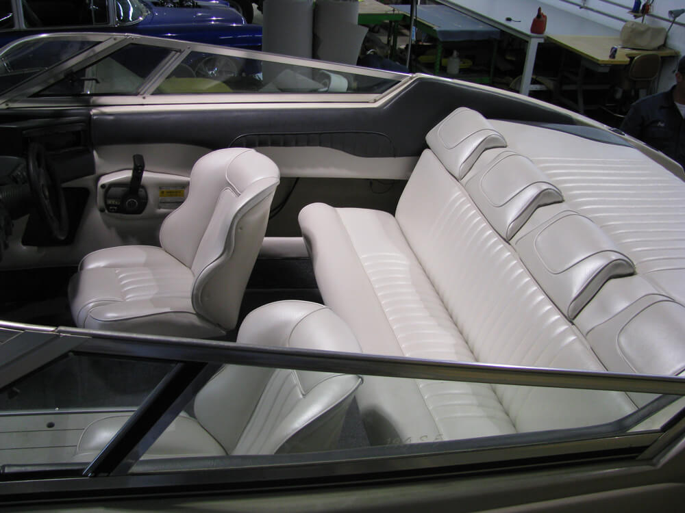boat upholstery (8) Custom white vinyl boat bench and bucket seats with driver console by Central Valley Upholstery