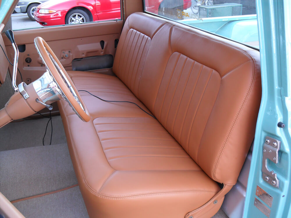 car seats (1) Custom tan leather bench seat installed in a classic Chevrolet C10 pickup truck by Central Valley Upholstery