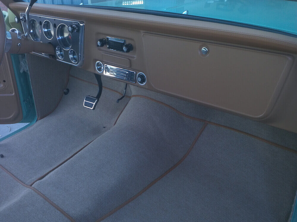 car seats (4) Custom tan vinyl dashboard and gray tweed door panel in a classic Chevrolet C10 pickup truck by Central Valley Upholstery