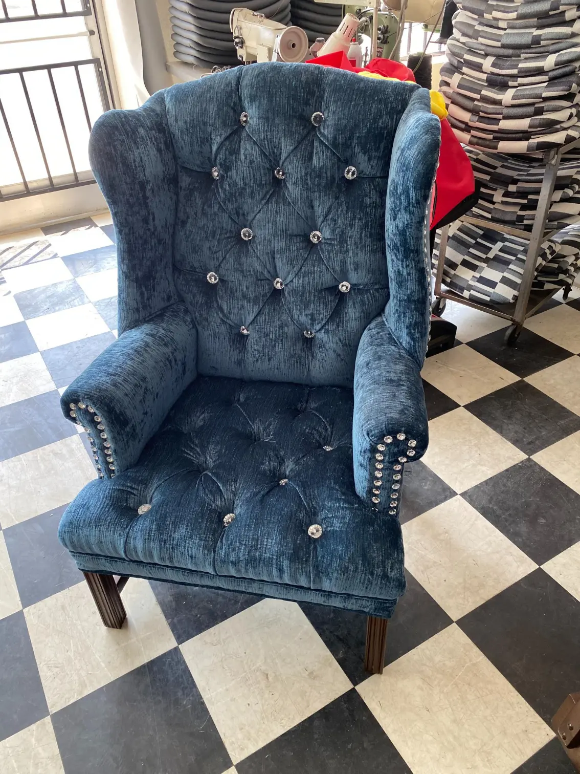 upholstery chair Blue velvet tufted wingback chair with crystal buttons and nailhead trim, reupholstered at Central Valley Upholstery in Hanford, CA